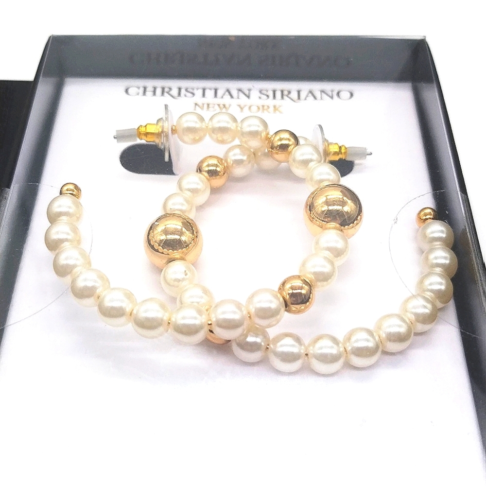 $59 Christian Siriano Boxed Glass Pearl 2" Hoop Earrings in Gold tone - Picture 1 of 3
